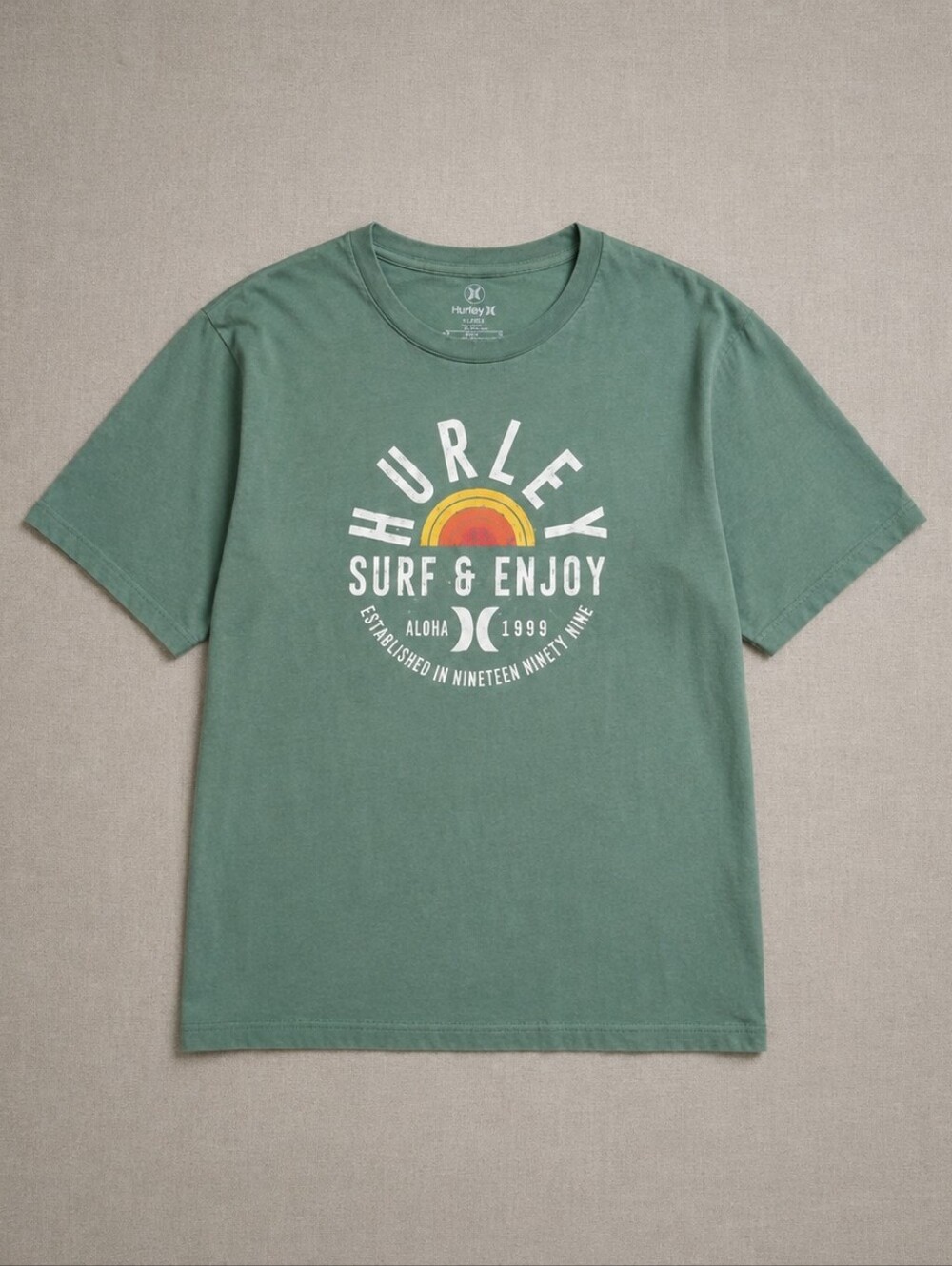 Hurley Surf Graphic Tee Men's XL Sage Green Sunset Logo 100% Cotton Beach